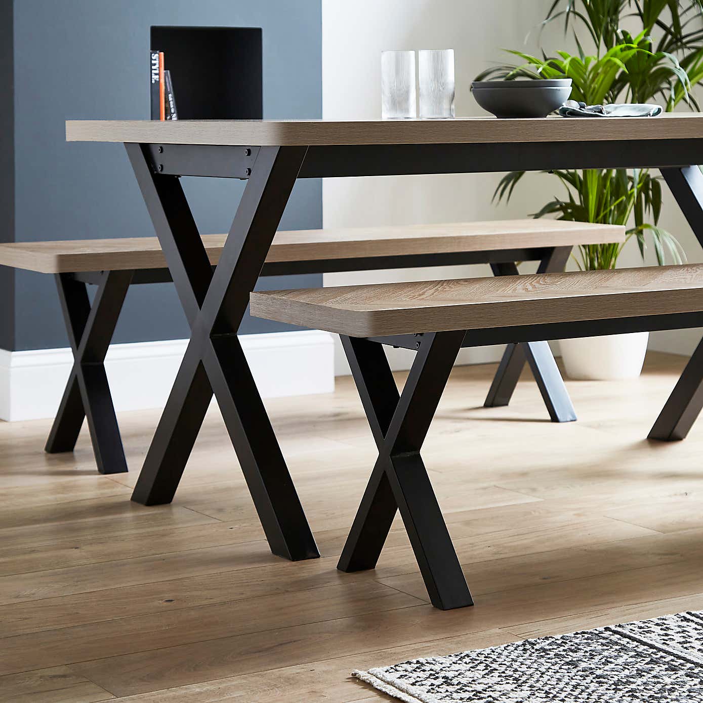 Ezra Faux Rustic Parquet Dining Bench Set