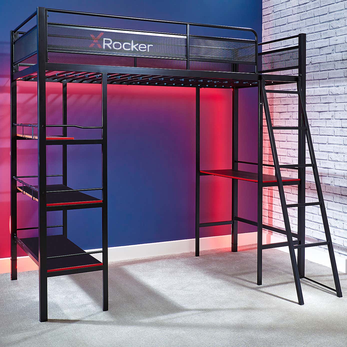 X Rocker Fortress Gaming High Sleeper Bunk Bed with Shelves & Desk