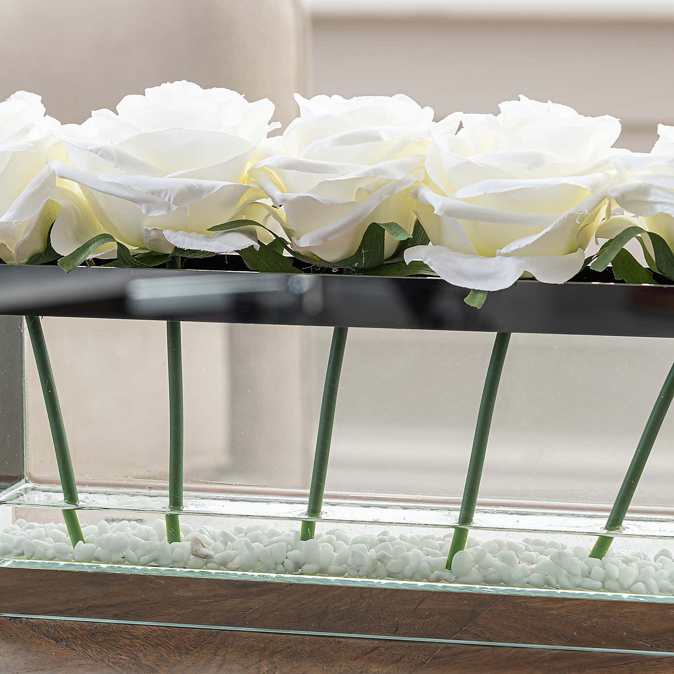 Artificial White Roses In Mirrored Edge Vase