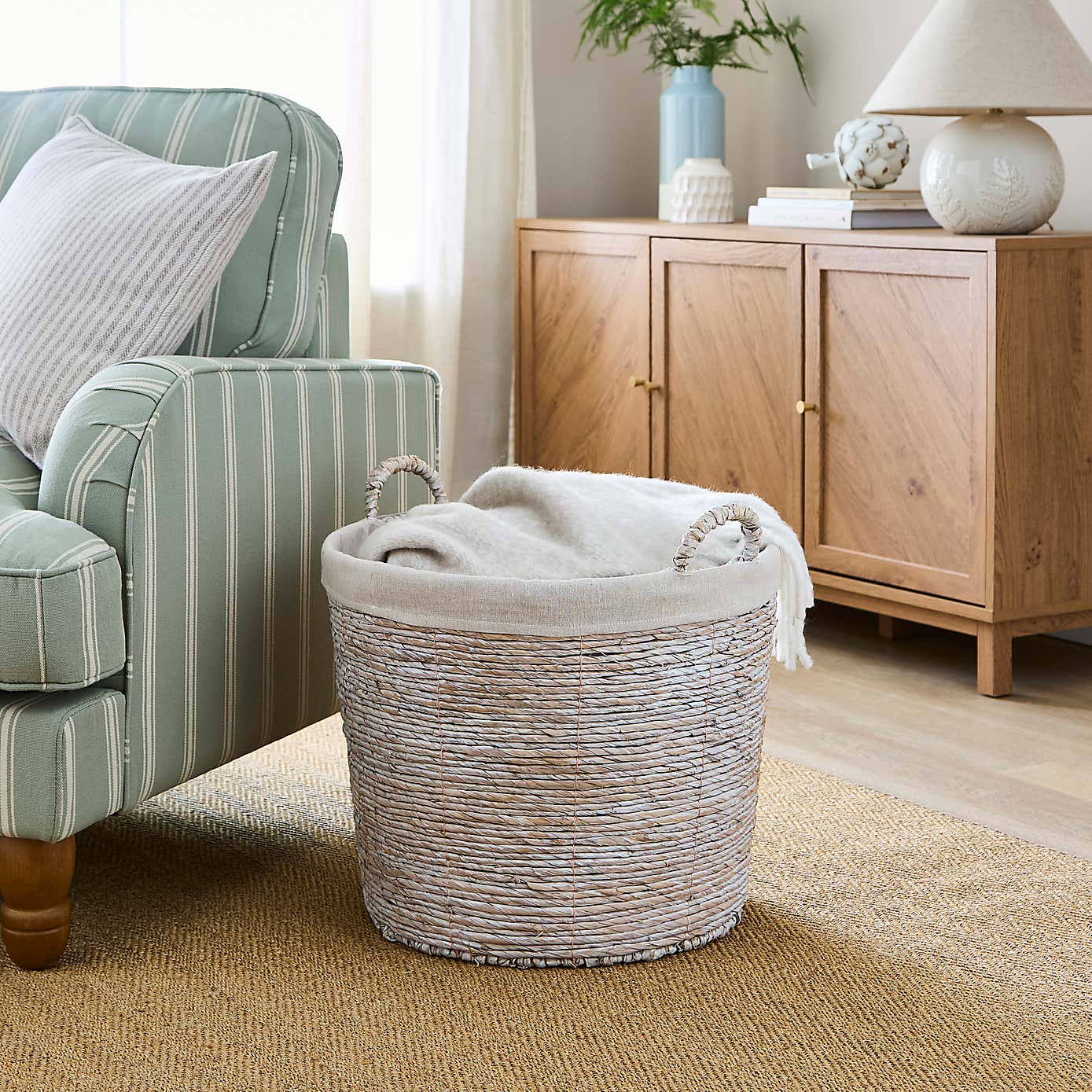 Whitewashed Wicker Round Basket