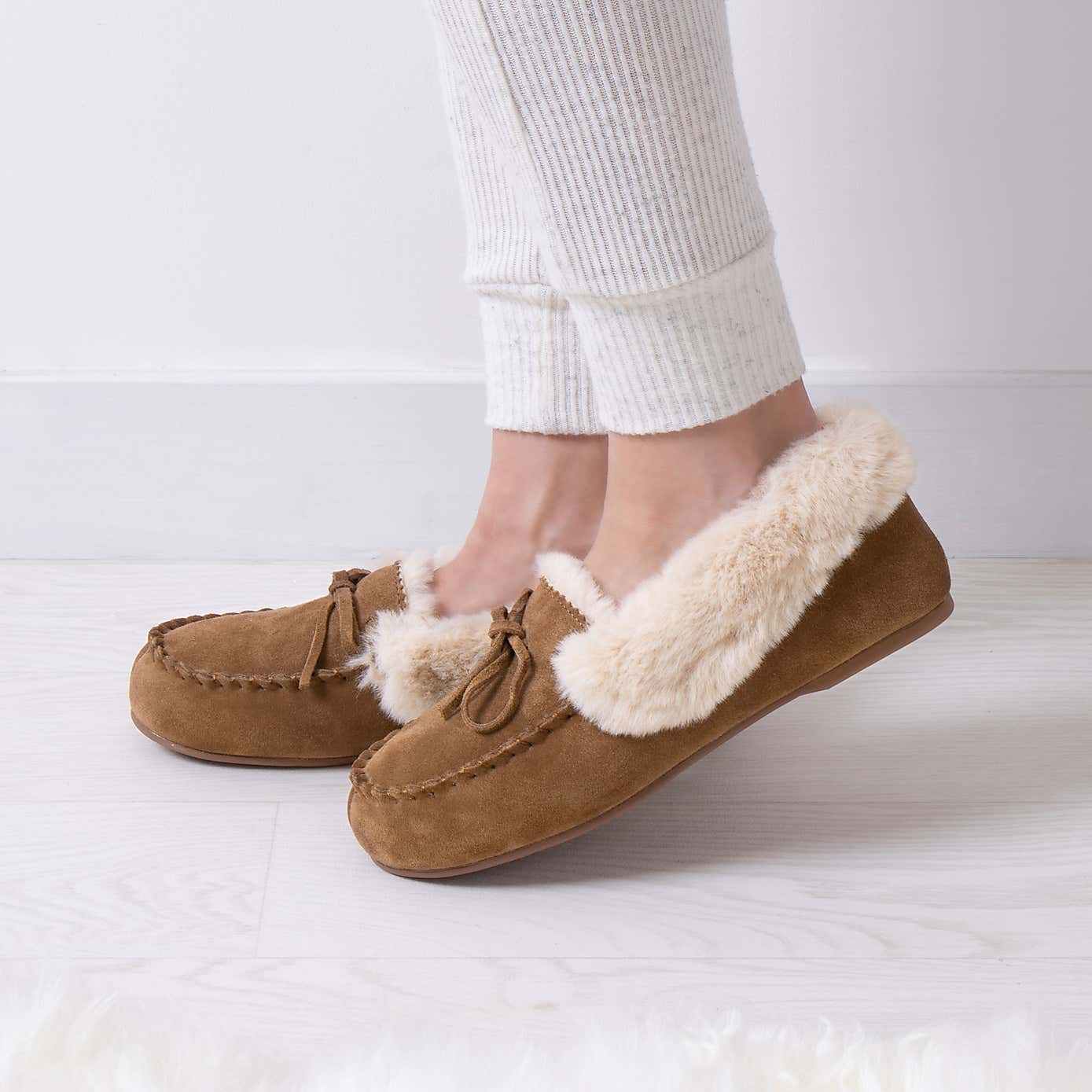 Isotoner Genuine Suede Moccasin with Faux Fur Lining