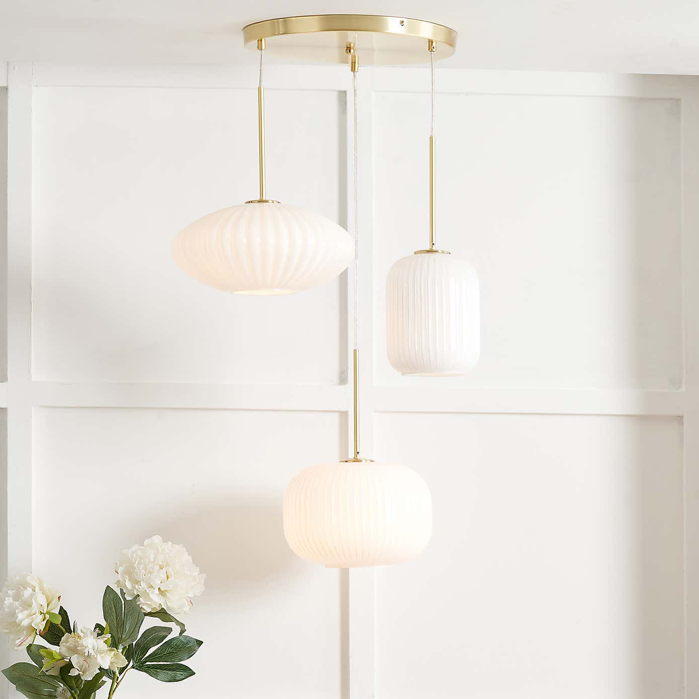 Alexa White Ribbed Glass and Gold Metal Cluster Ceiling Fitting