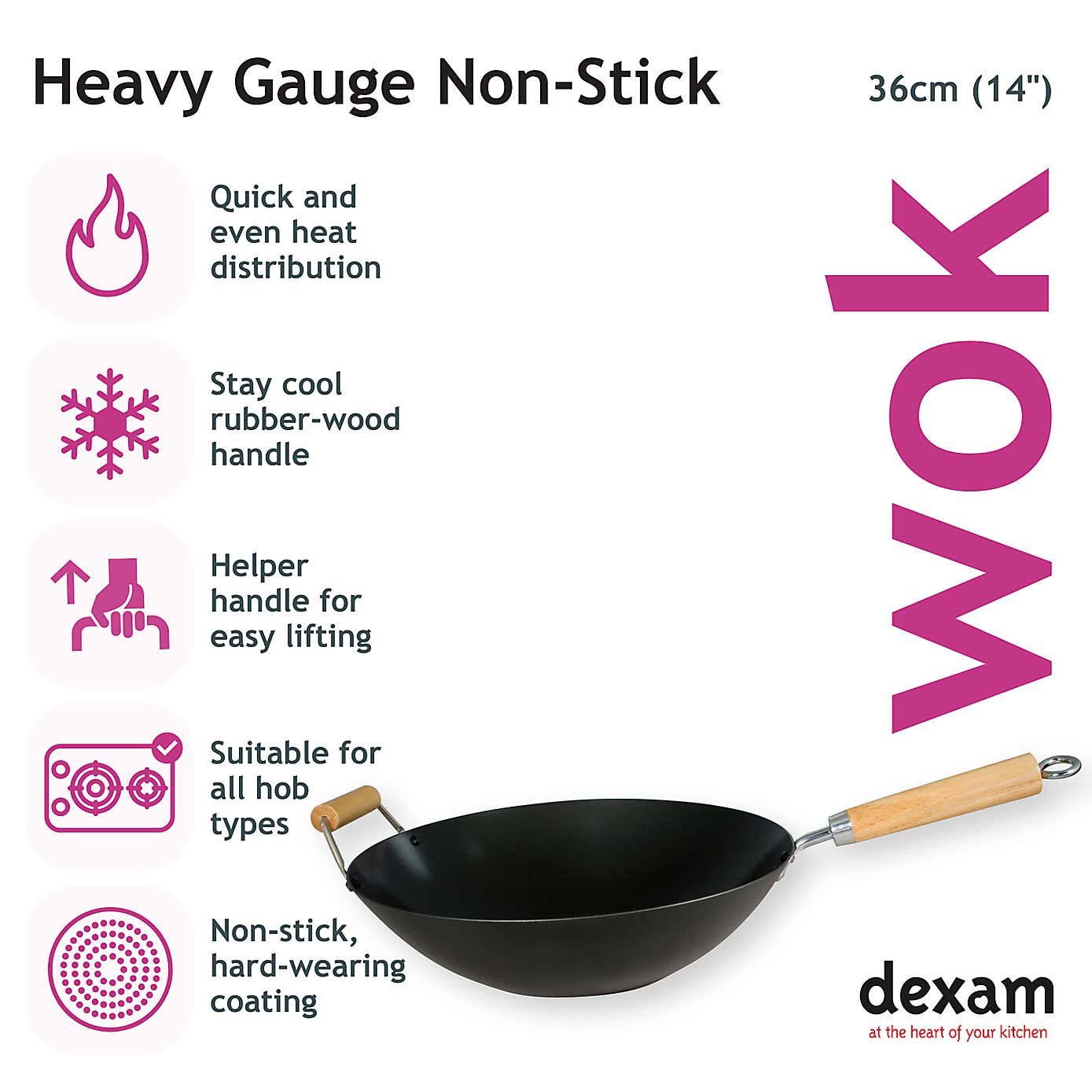 Dexam Non-Stick Heavy Gauge Carbon Steel Wok with Helper Handle, 36cm