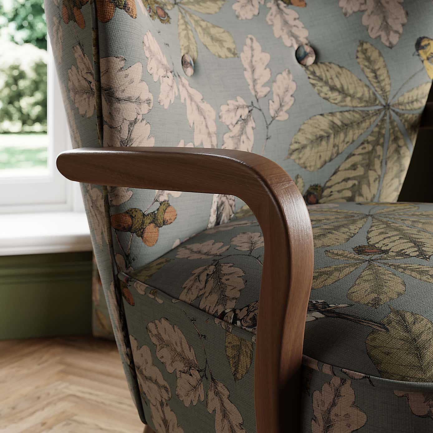 Eliza Wooden Armchair, Flatweave Arboretum Print