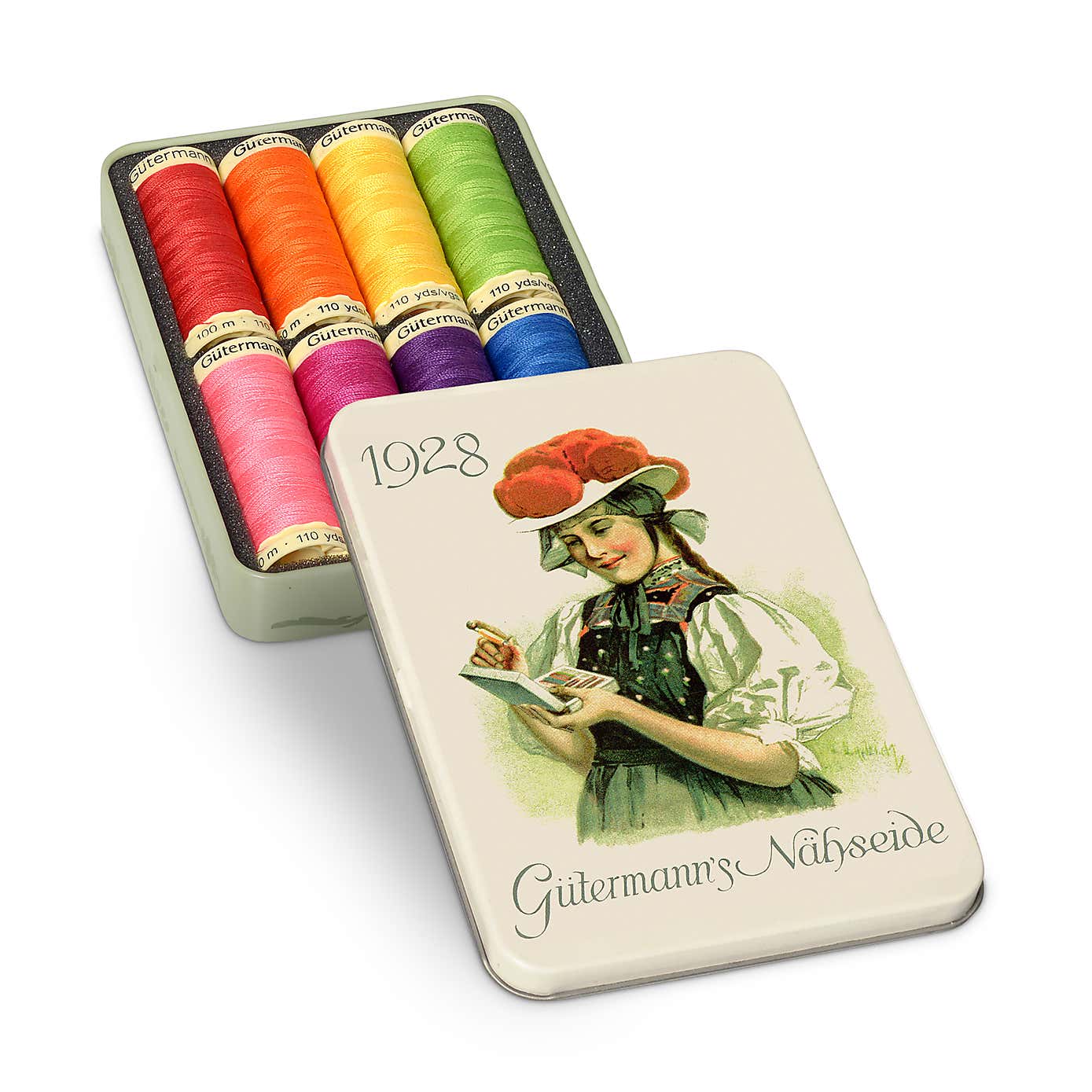 Thread Storage Tin Nostalgic 8x100m Bright Shades