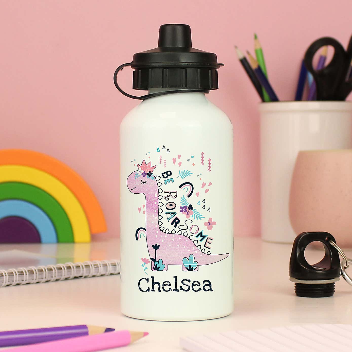 Personalised Dinosaur Drinks Bottle Pink