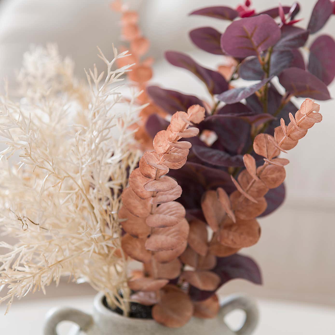 Artificial Purple Eucalyptus & Pampas Bouquet in Washed Grey Cement Handle Vase