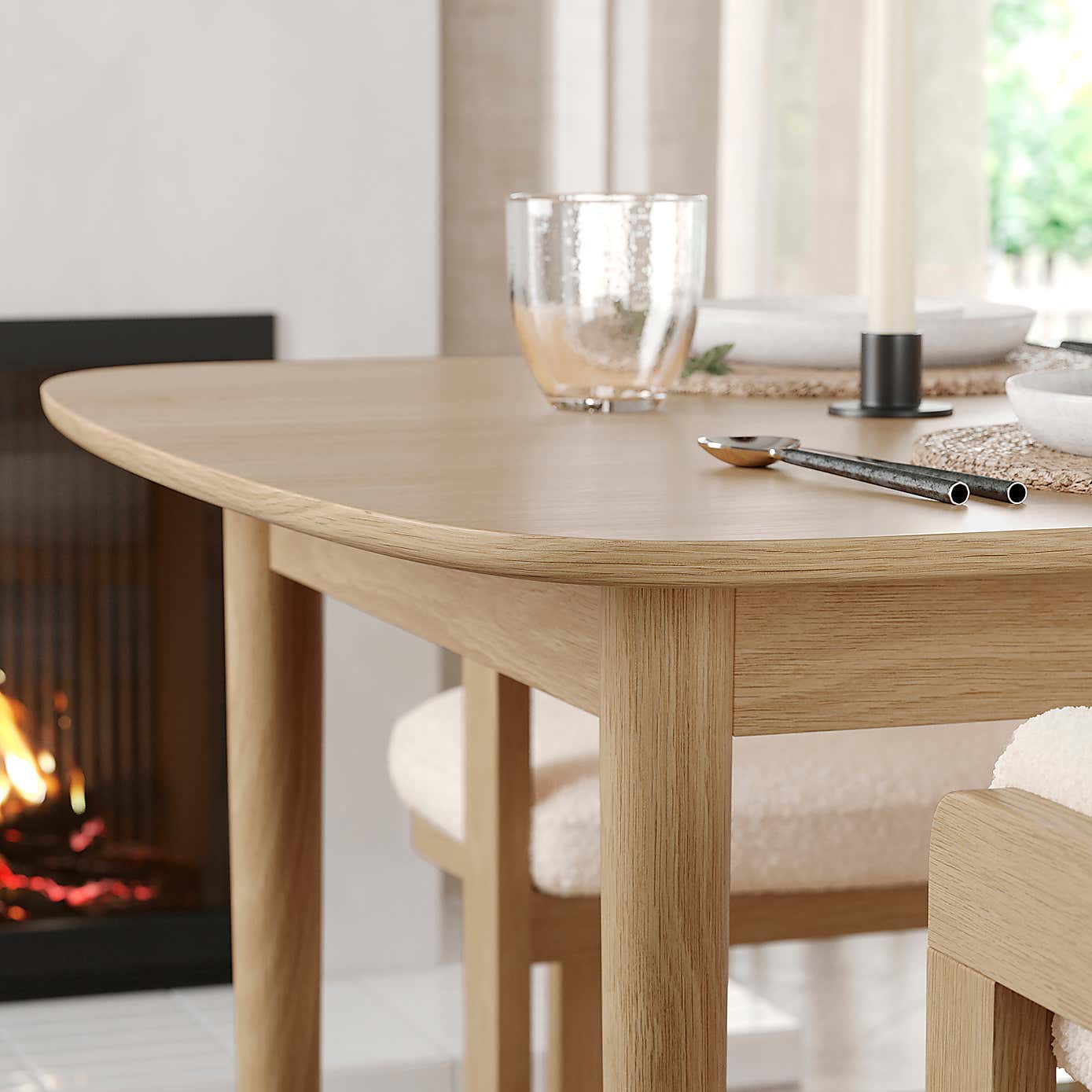 Karla Rectangular Extendable Dining Table with Oskar Natural Stained Ivory Boucle Dining Chairs