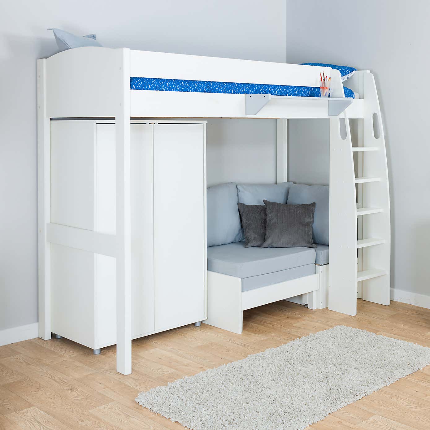 Stompa Uno High Sleeper with Corner Sofa And Wardrobe, Pine