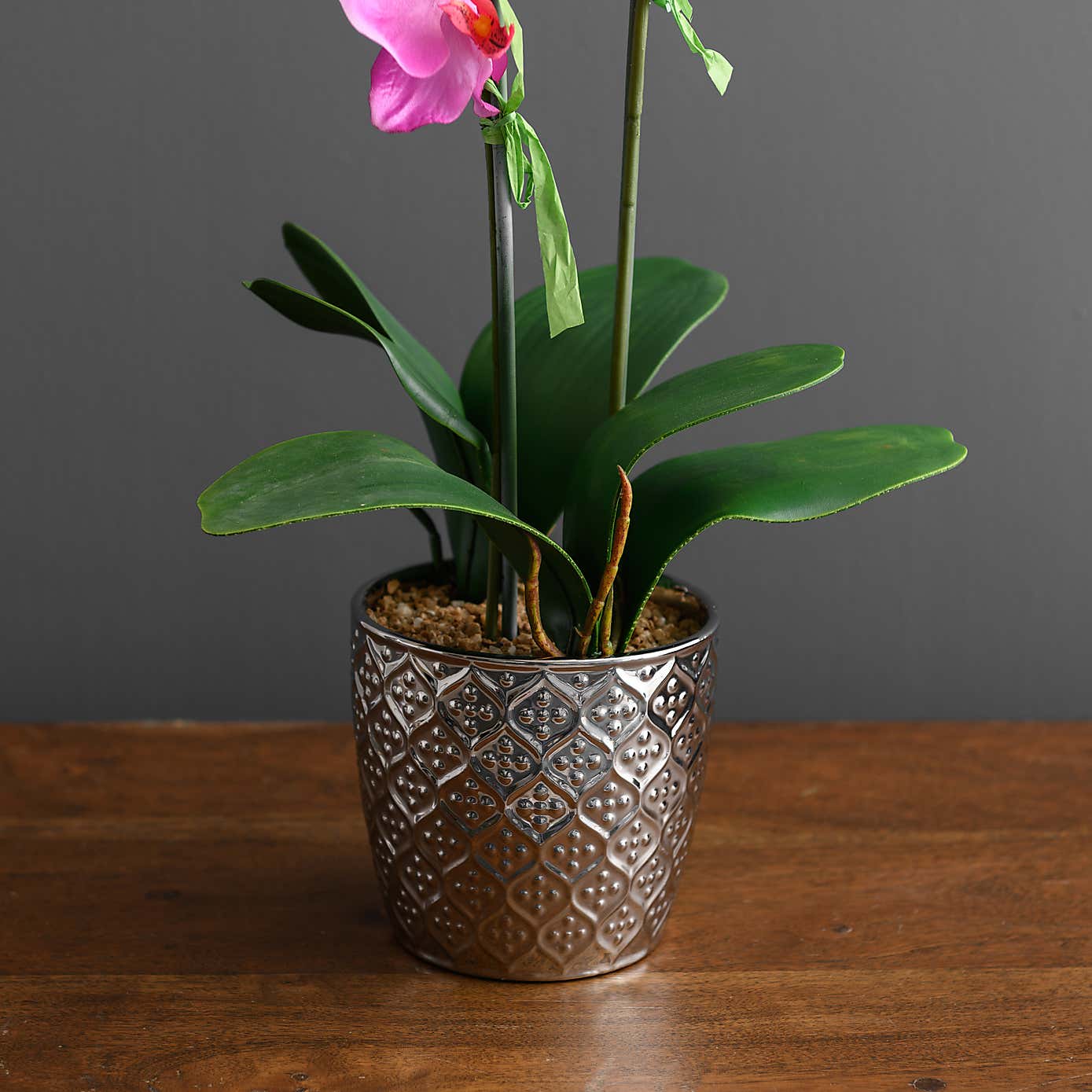 Artificial Pink Orchid in Silver Plant Pot