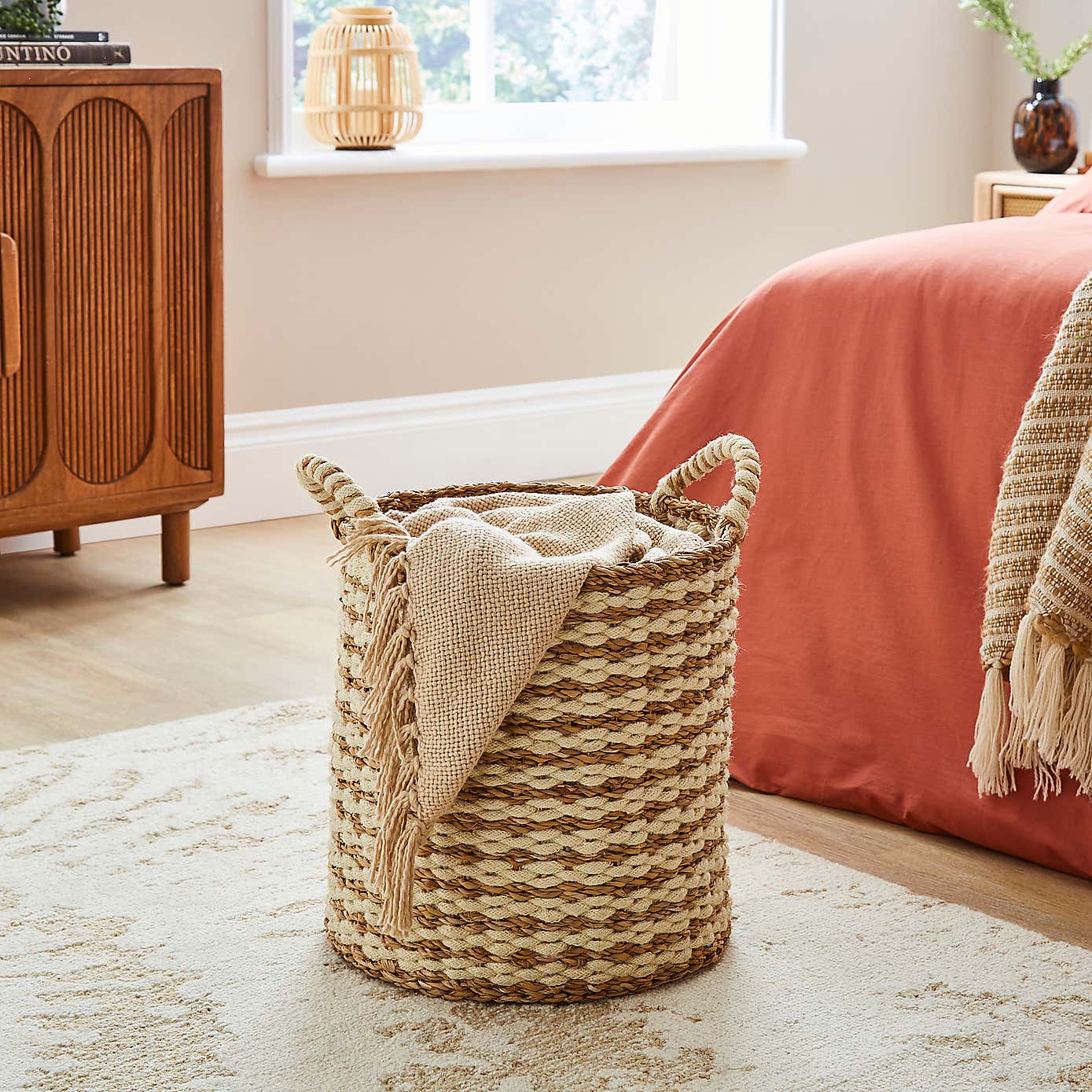 Large White Striped Basket