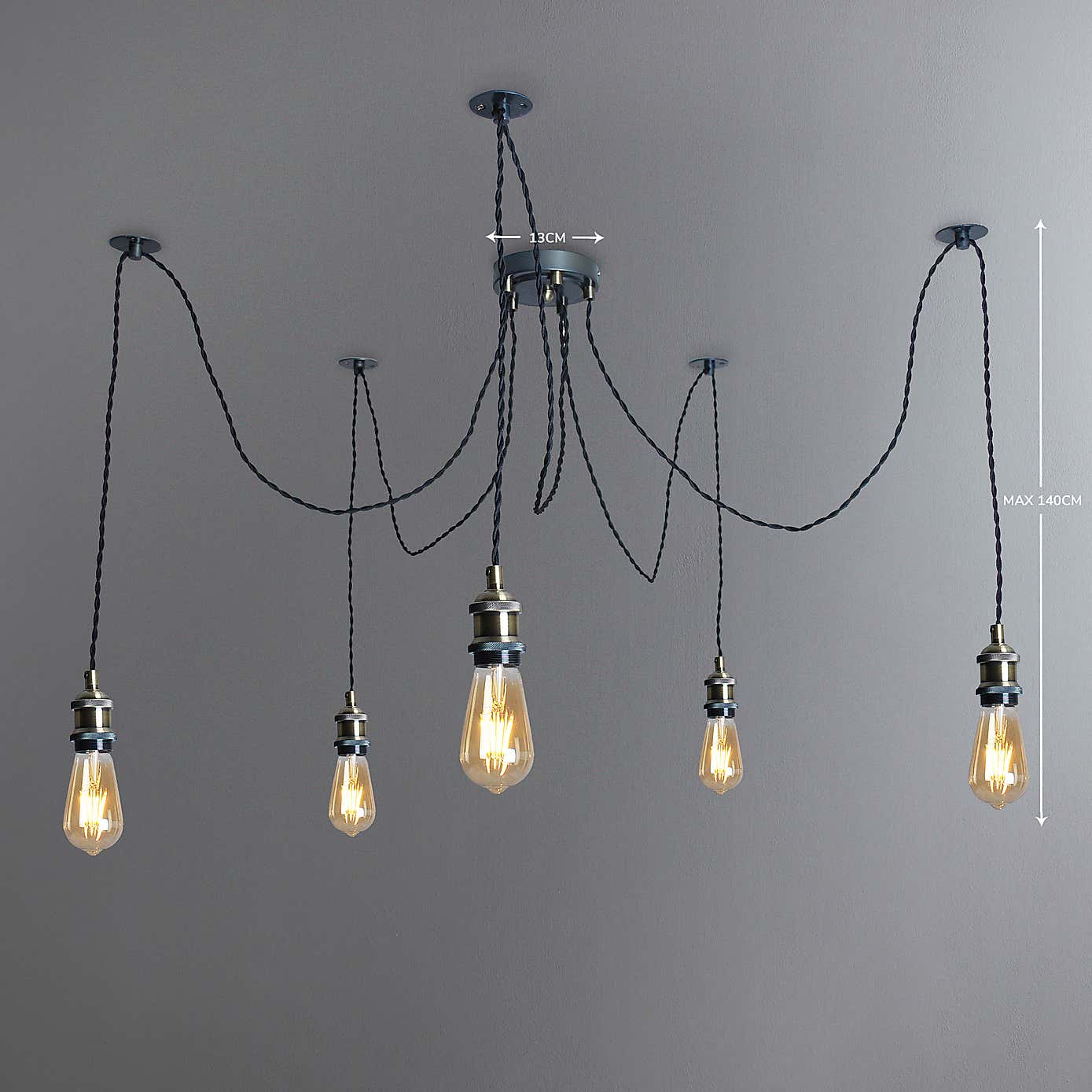 Logan 5 Light Spider Antique Brass Industrial Cluster Flex Fitting