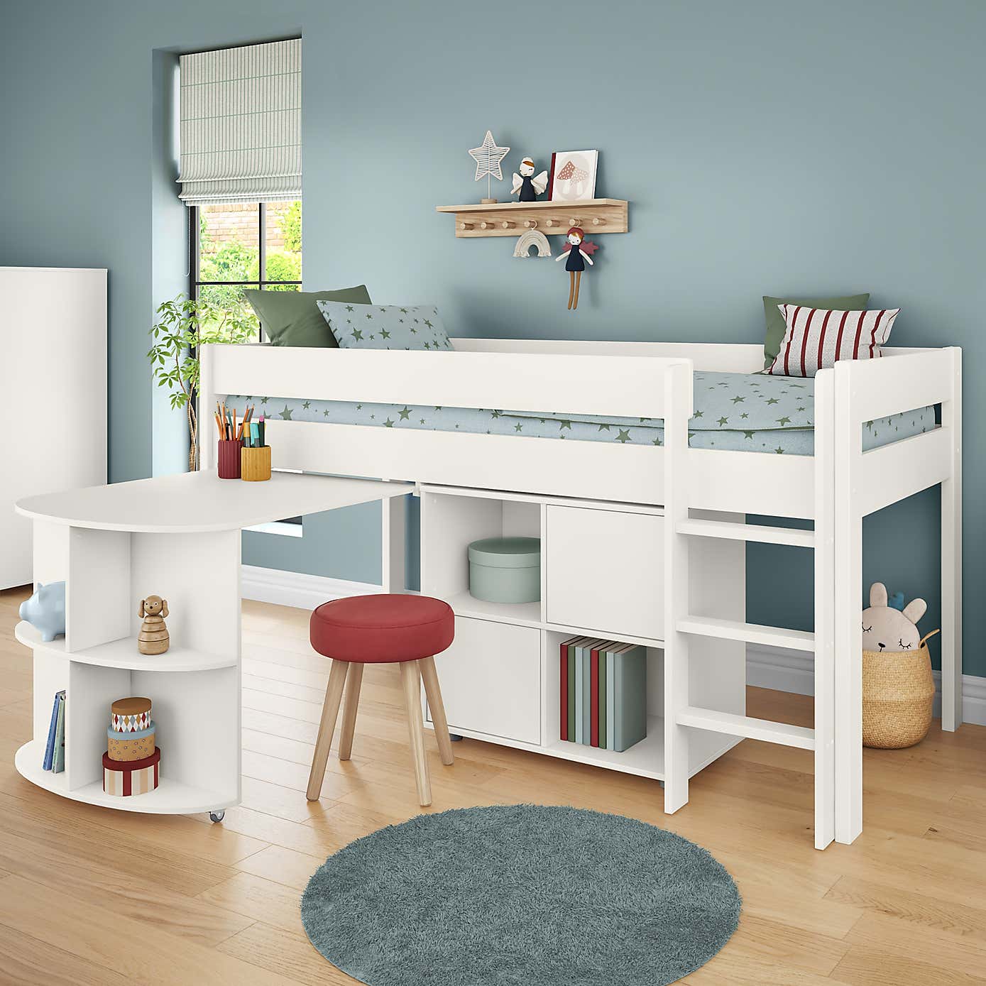 Stompa Uno Midsleeper With Pull Out Desk And Cube Unit, Pine