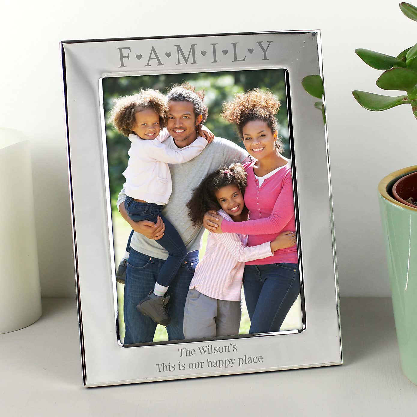 Personalised Silver Family and Hearts Portrait Photo Frame