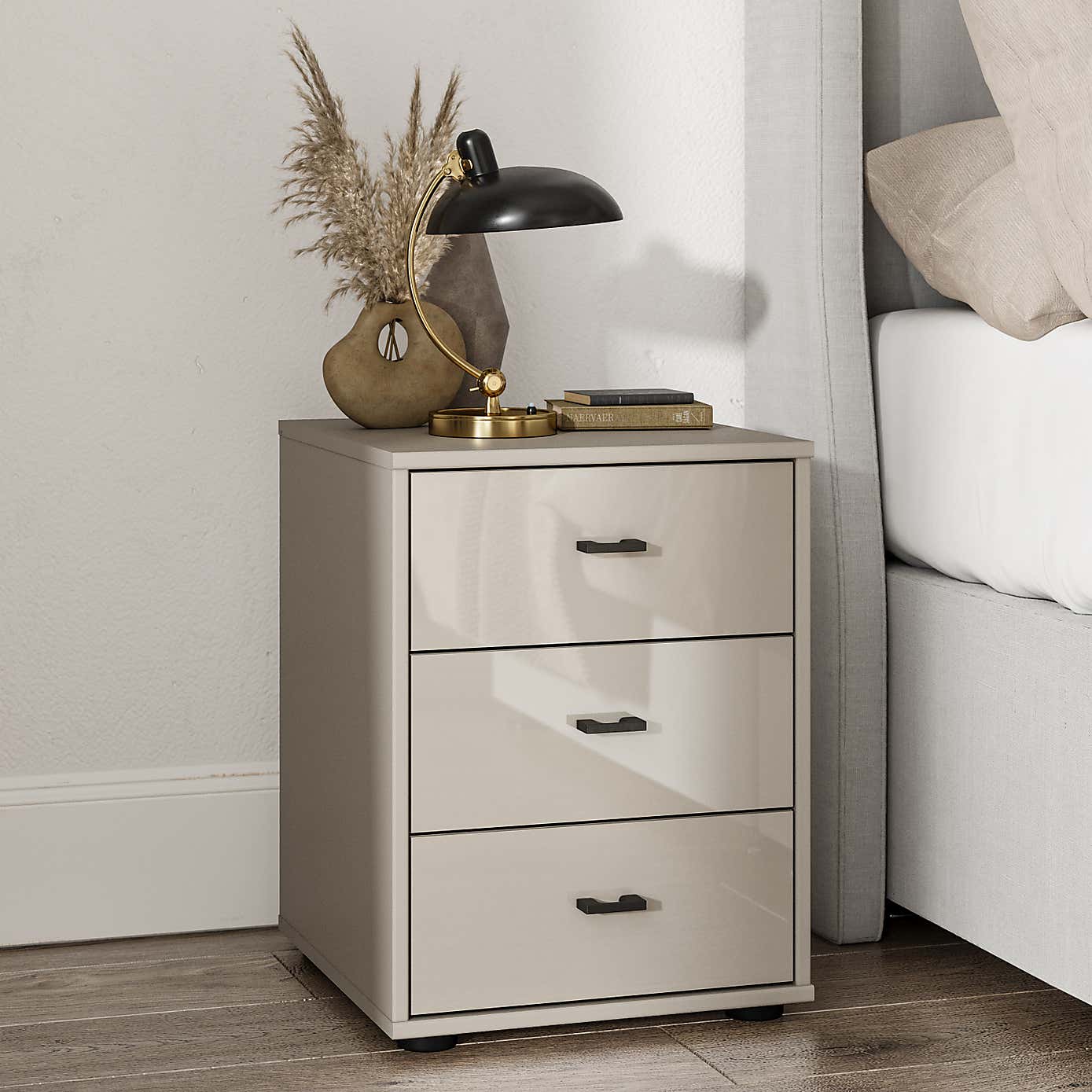 Kahla Glass Fronted 3 Drawer Bedside Table
