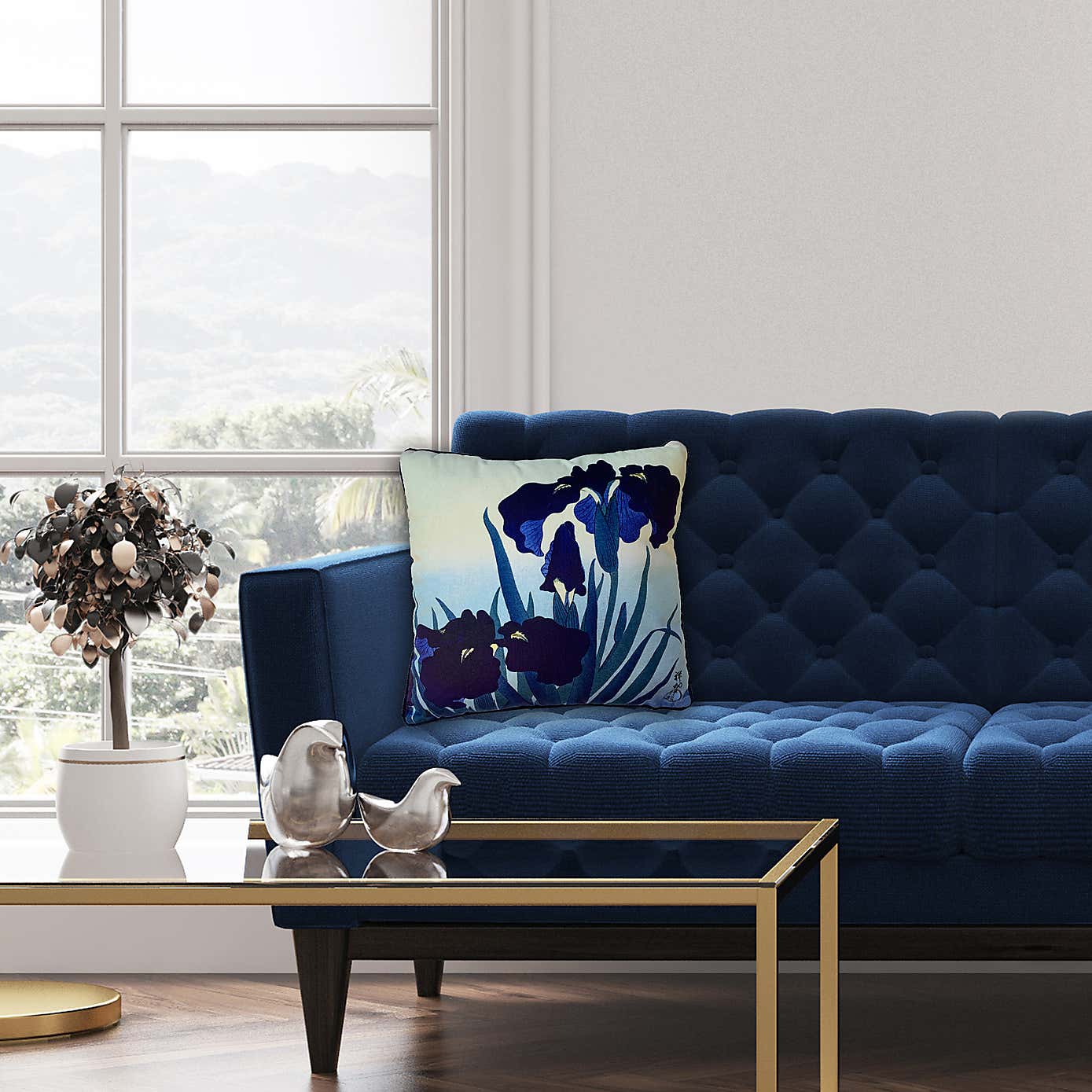 Ohara Koson Iris Flowers Velvet Square Cushion