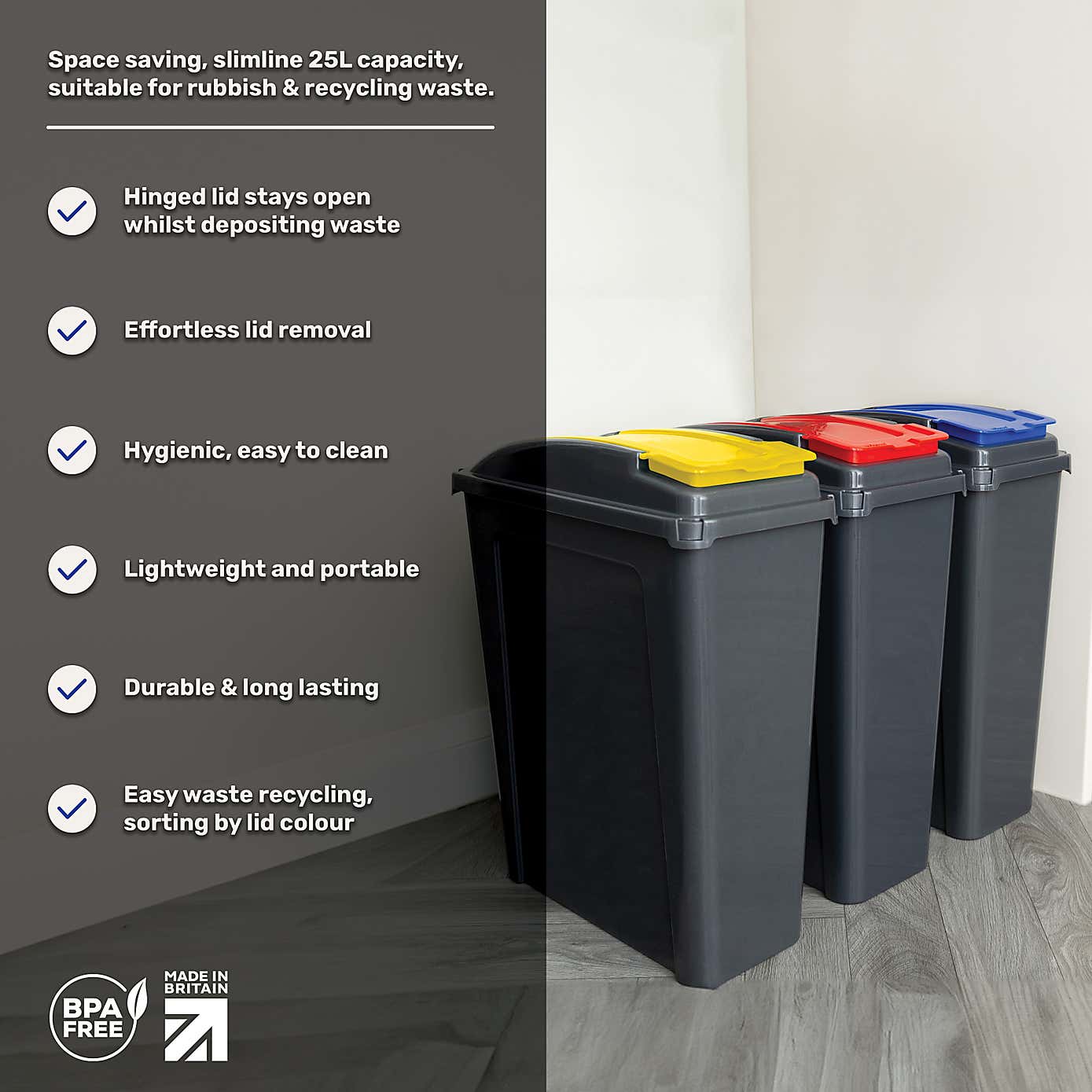 Wham 25L Set of 3 Recycling Bins with Red, Blue, & Yellow Lids