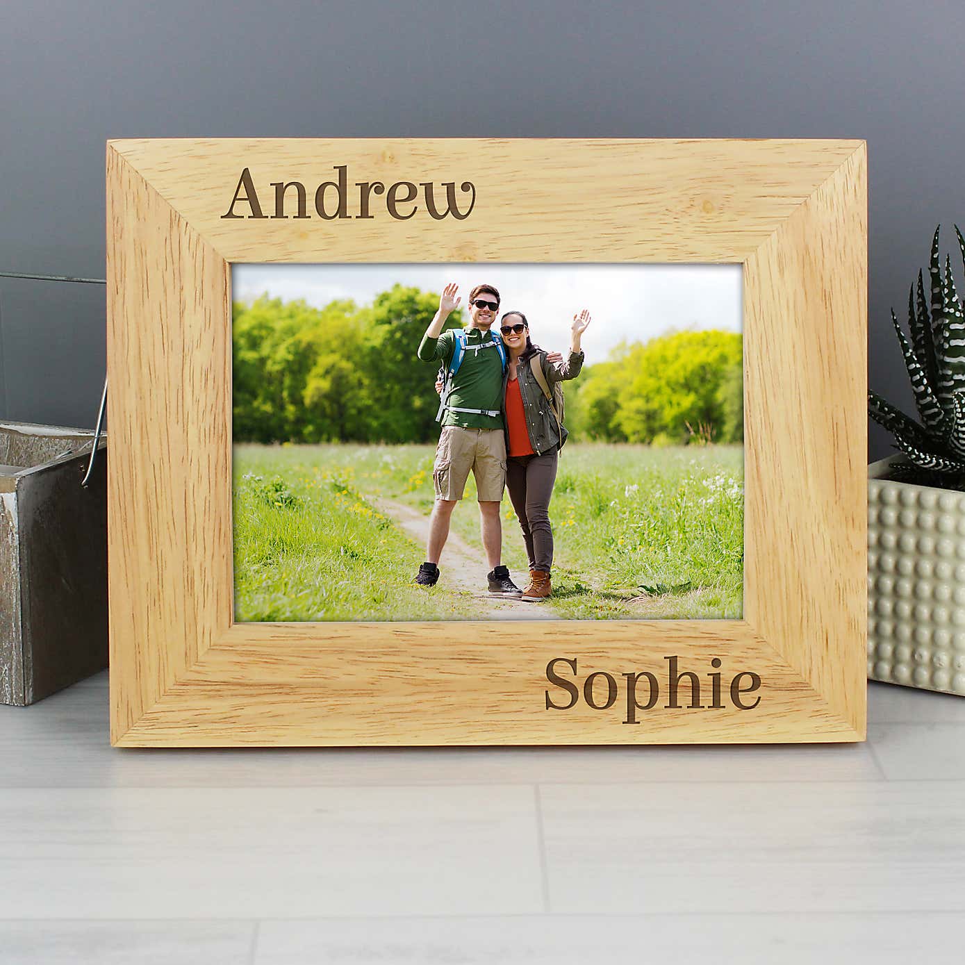 Personalised Couples Light Wood Landscape Photo Frame