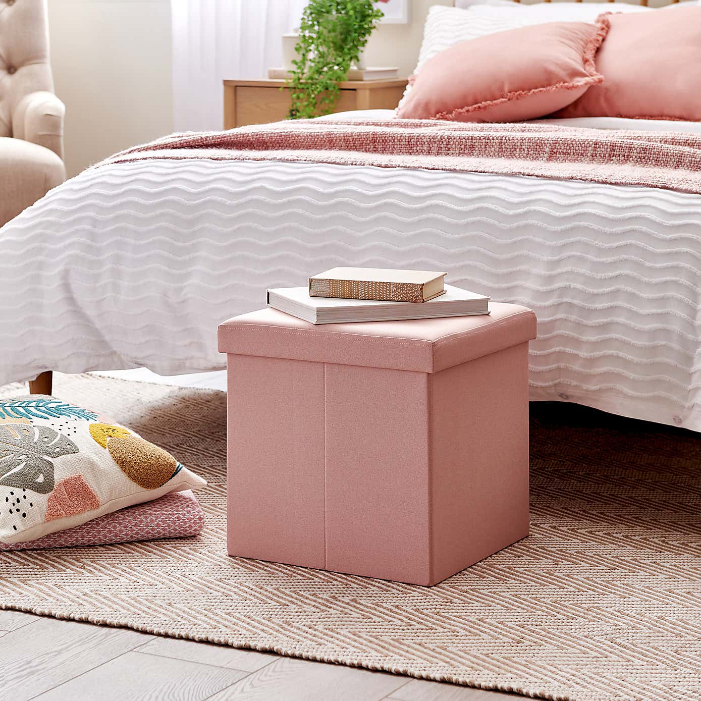 Faux Linen Cube Ottoman