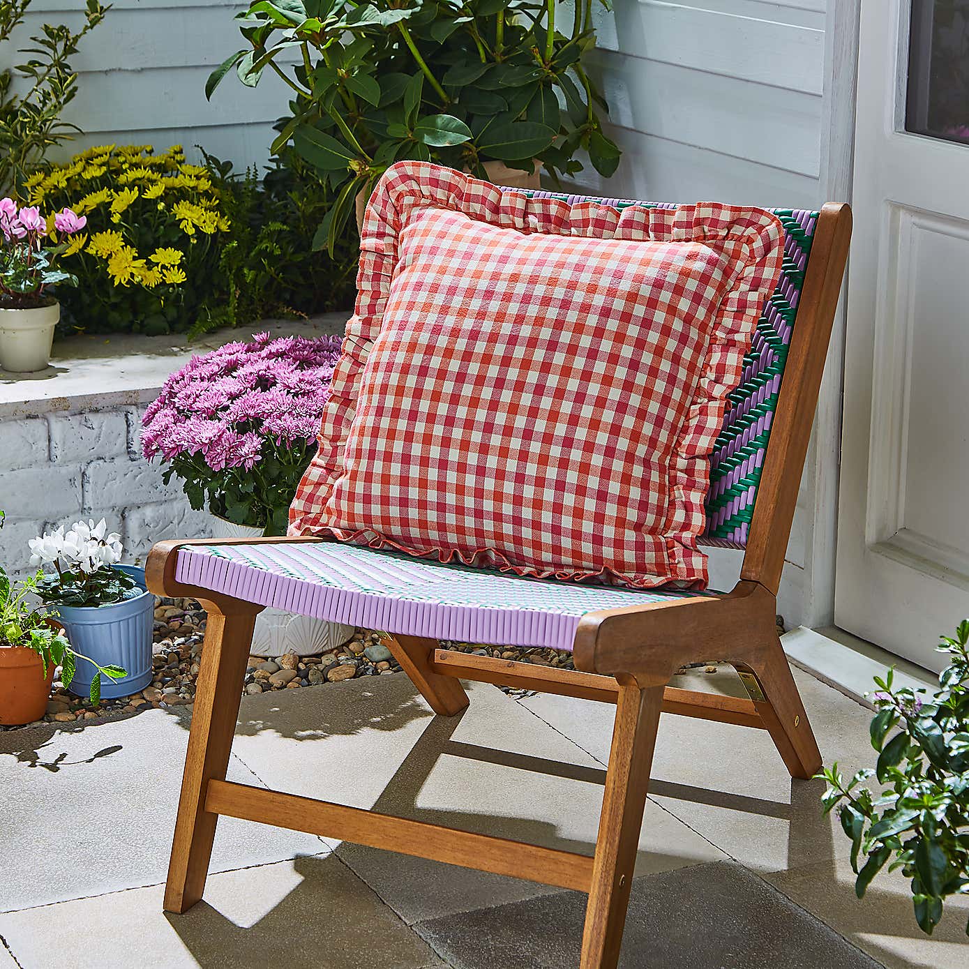 Sophie Robinson Picnic Plaid Frilled Outdoor Square Cushion