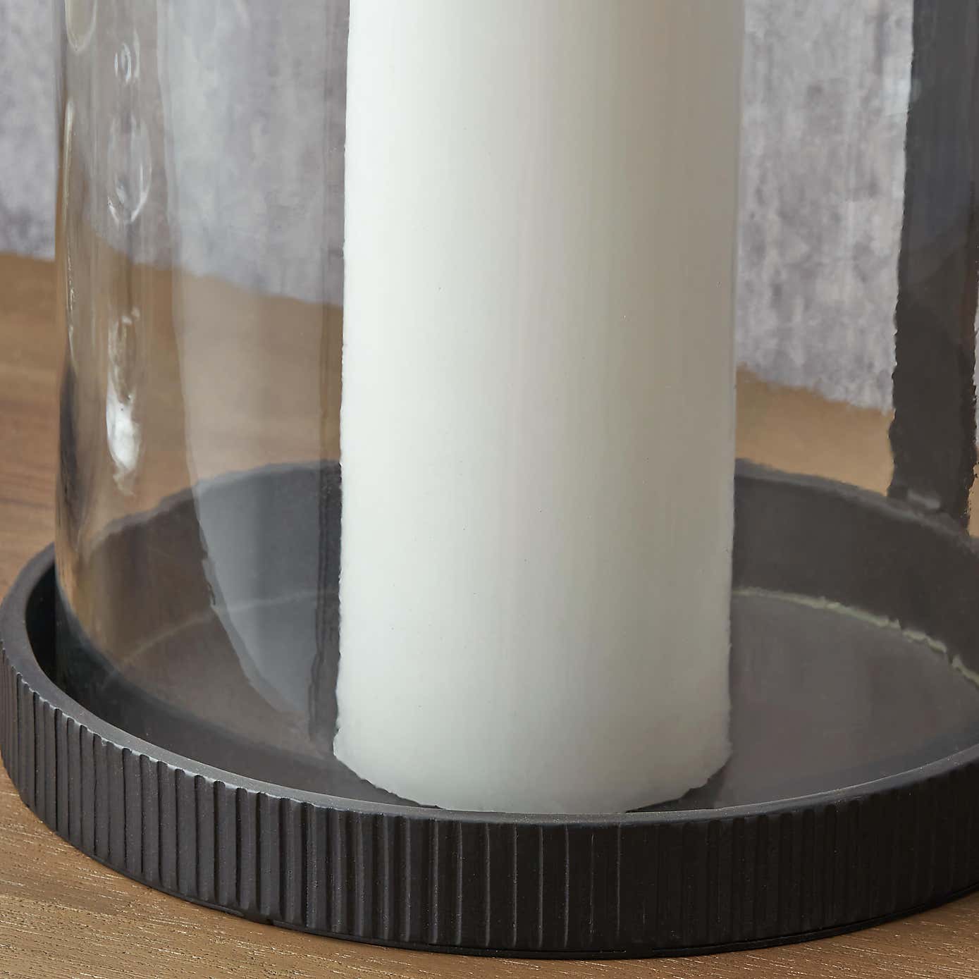 Black Ribbed Metal Glass Cylinder Hurricane Candle Holder