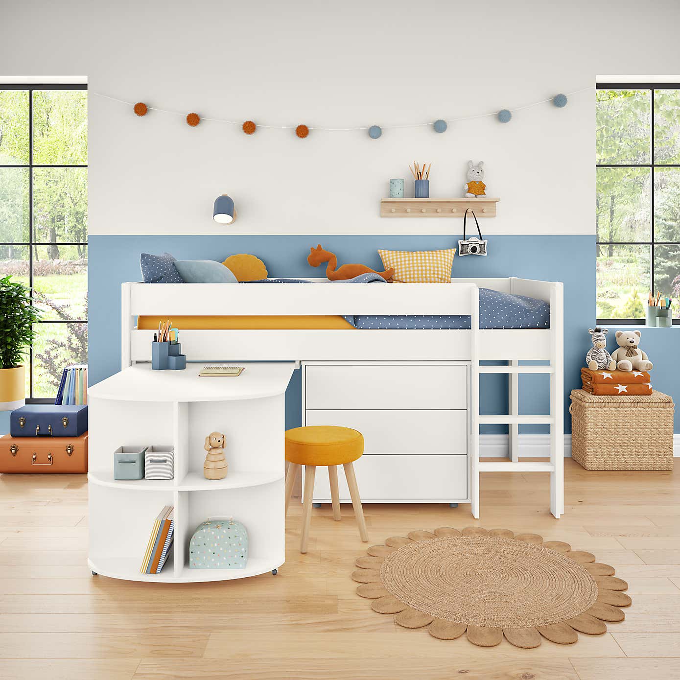 Stompa Uno Midsleeper With Pull Out Desk and Chest of Drawers, Pine