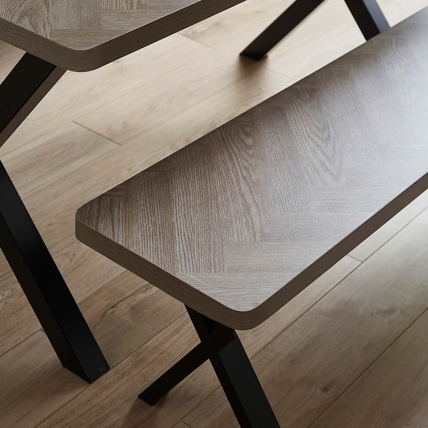 Ezra Faux Rustic Parquet Dining Bench Set