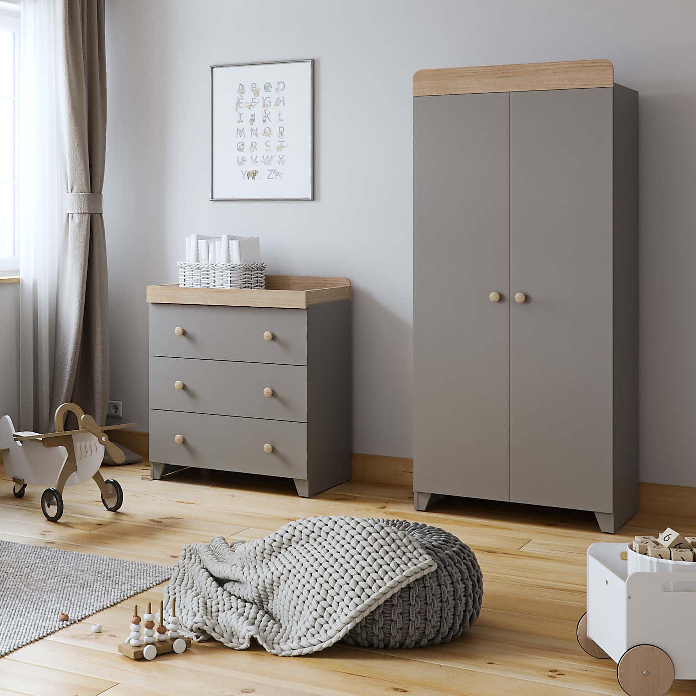 Little Acorns Classic Oak Effect 3 Drawer Chest and Wardrobe Nursery Set