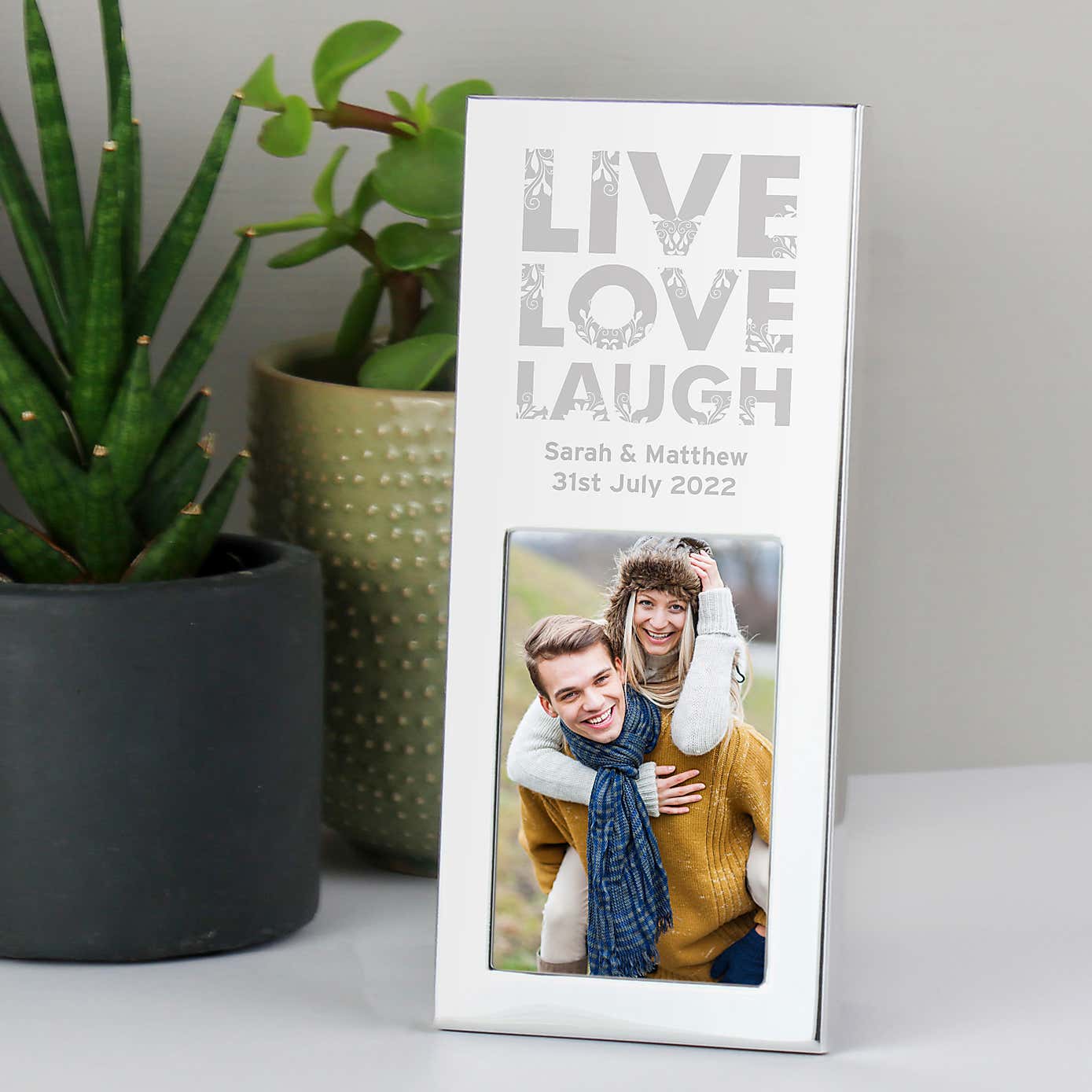 Personalised Small Live Love Laugh Silver Portrait Photo Frame