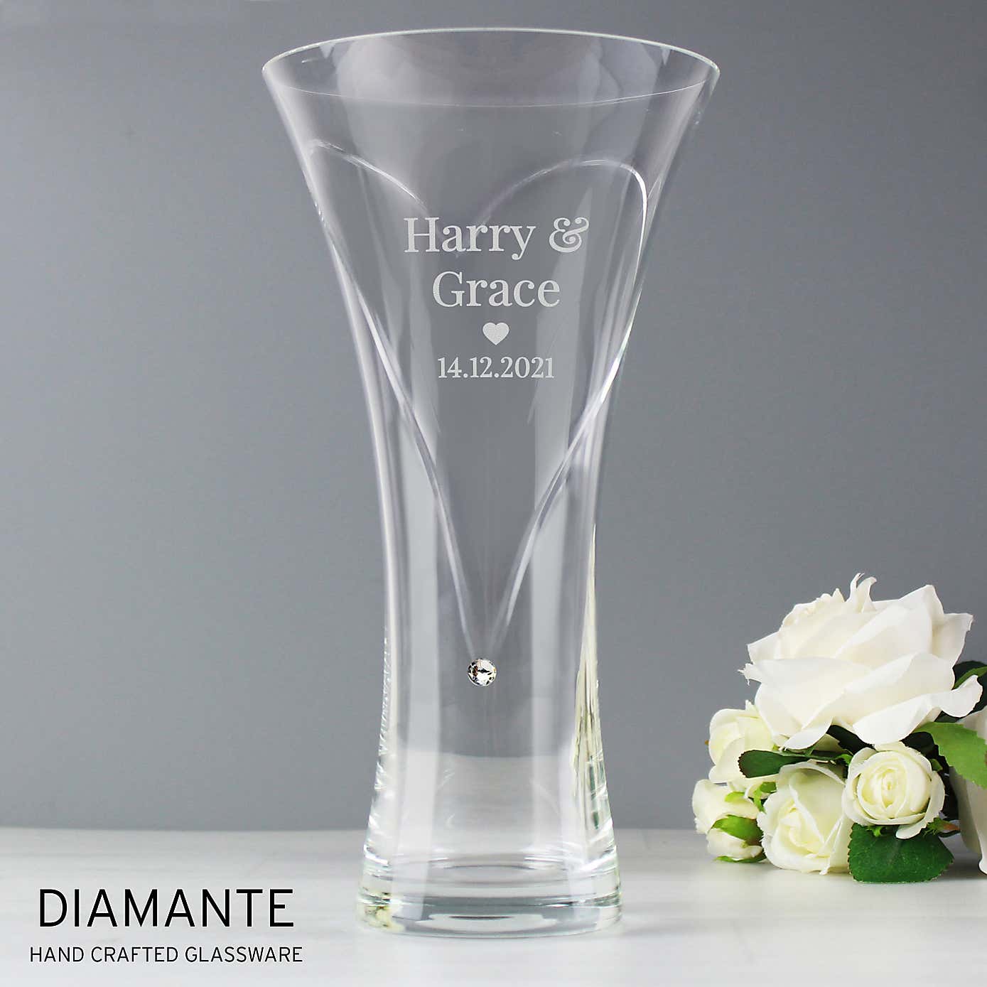 Personalised Mr and Mrs Large Hand Cut Diamante Heart Vase