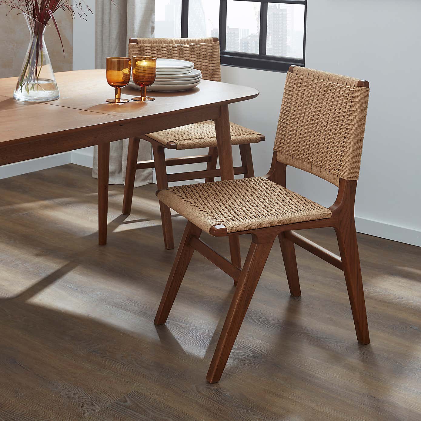 Karla Rectangular Extendable Dining Table with 4 Cordella Dark Stained Oak Dining Chairs