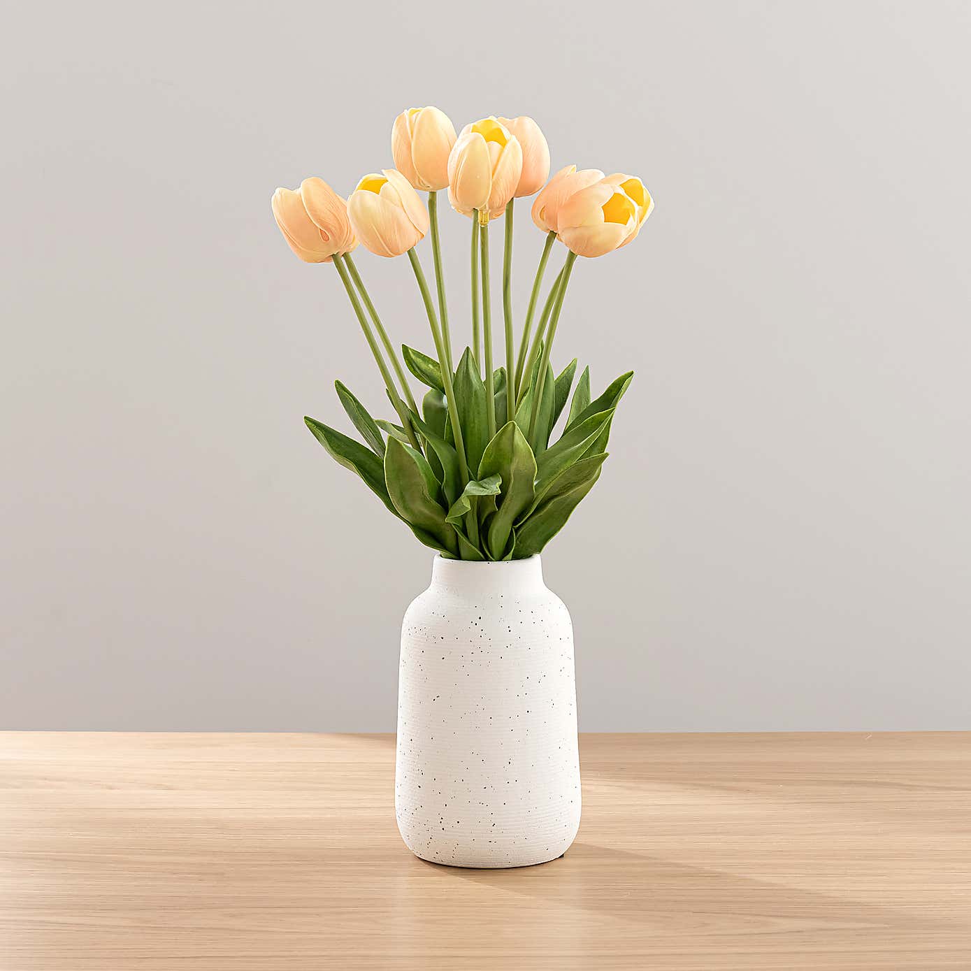 Tulip Arrangement in Textured Ceramic Vase with Pear & Gardinia Candle