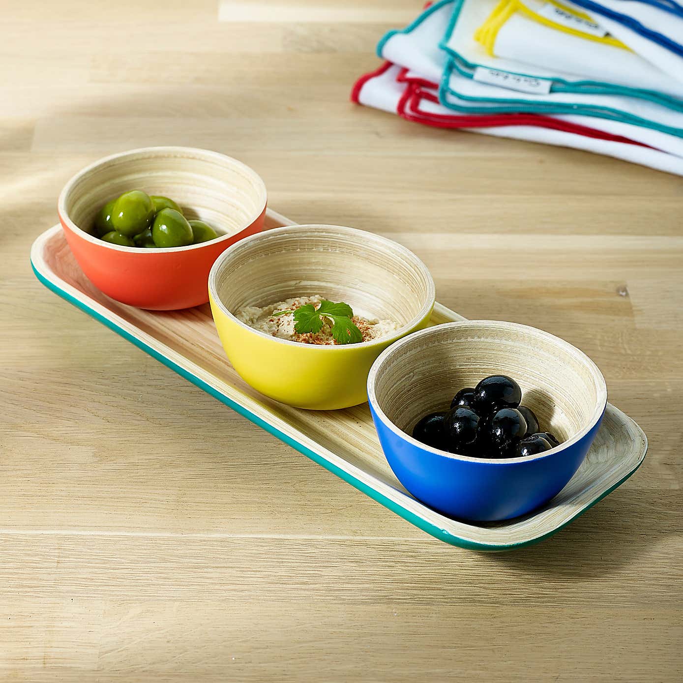 Sur La Table Colour Me Happy Bamboo Tray and Set of 4 Dipping Bowls