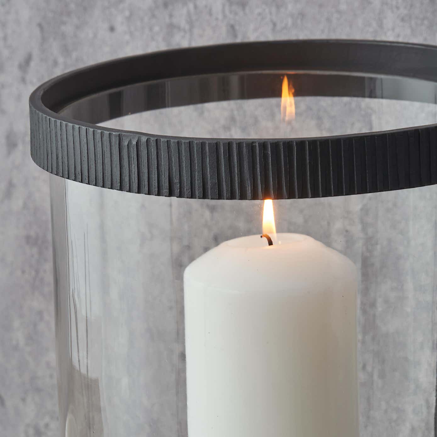 Black Ribbed Metal Glass Cylinder Hurricane Candle Holder