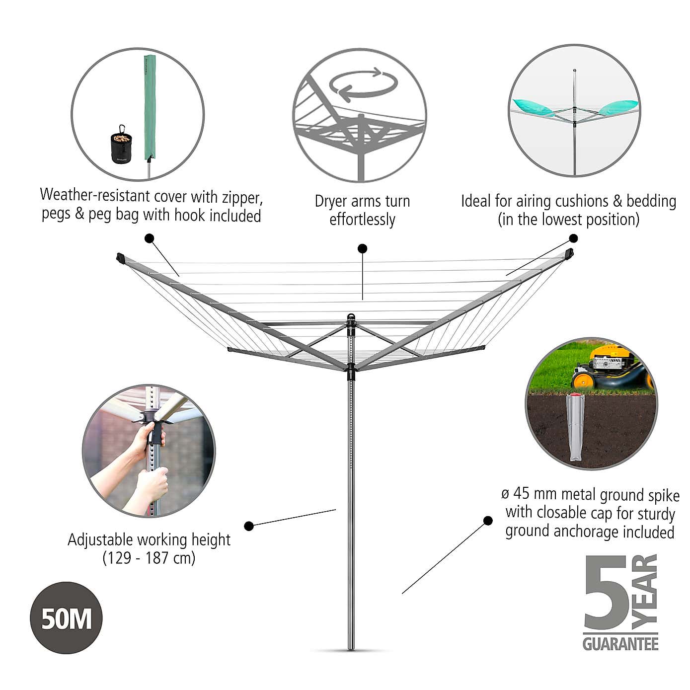 Brabantia 50 Metre 4 Arm Liftomatic Rotary Washing Line with Accessories