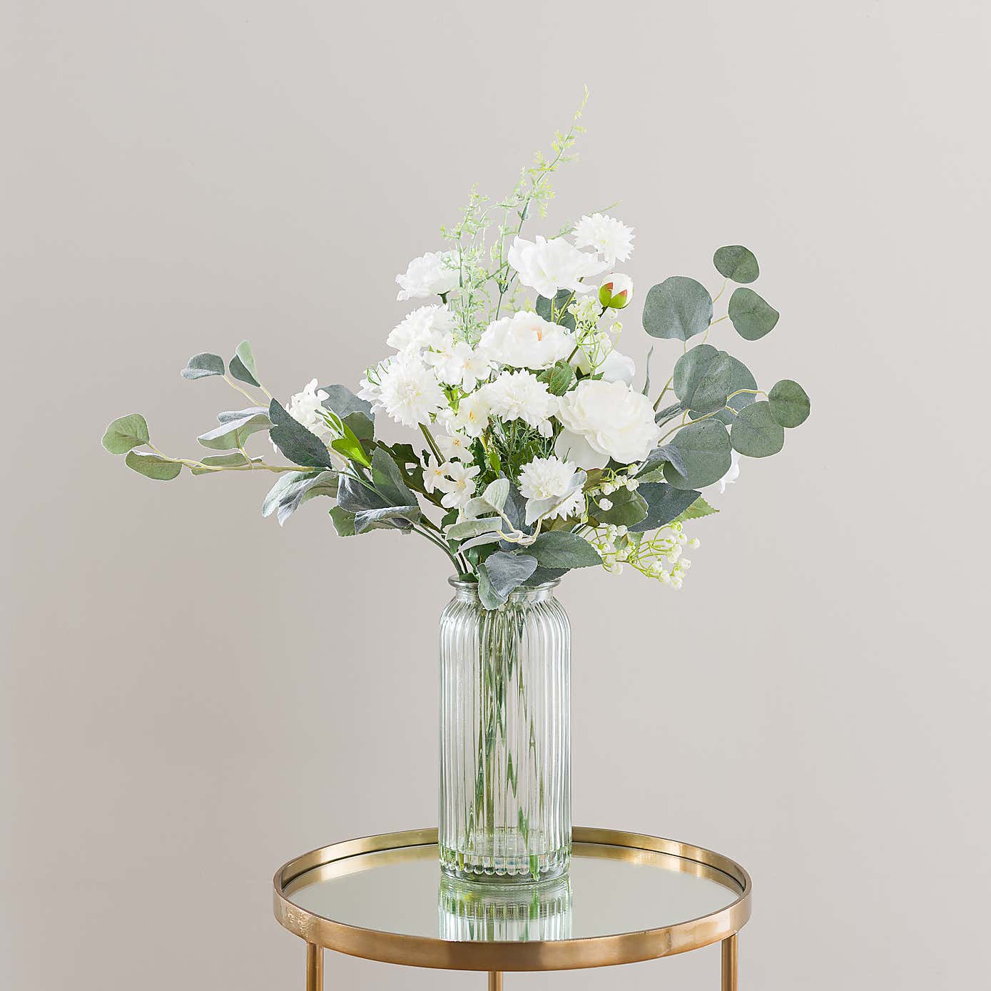 Artificial White Rose & Eucalyptus Bouquet in Ribbed Glass Vase