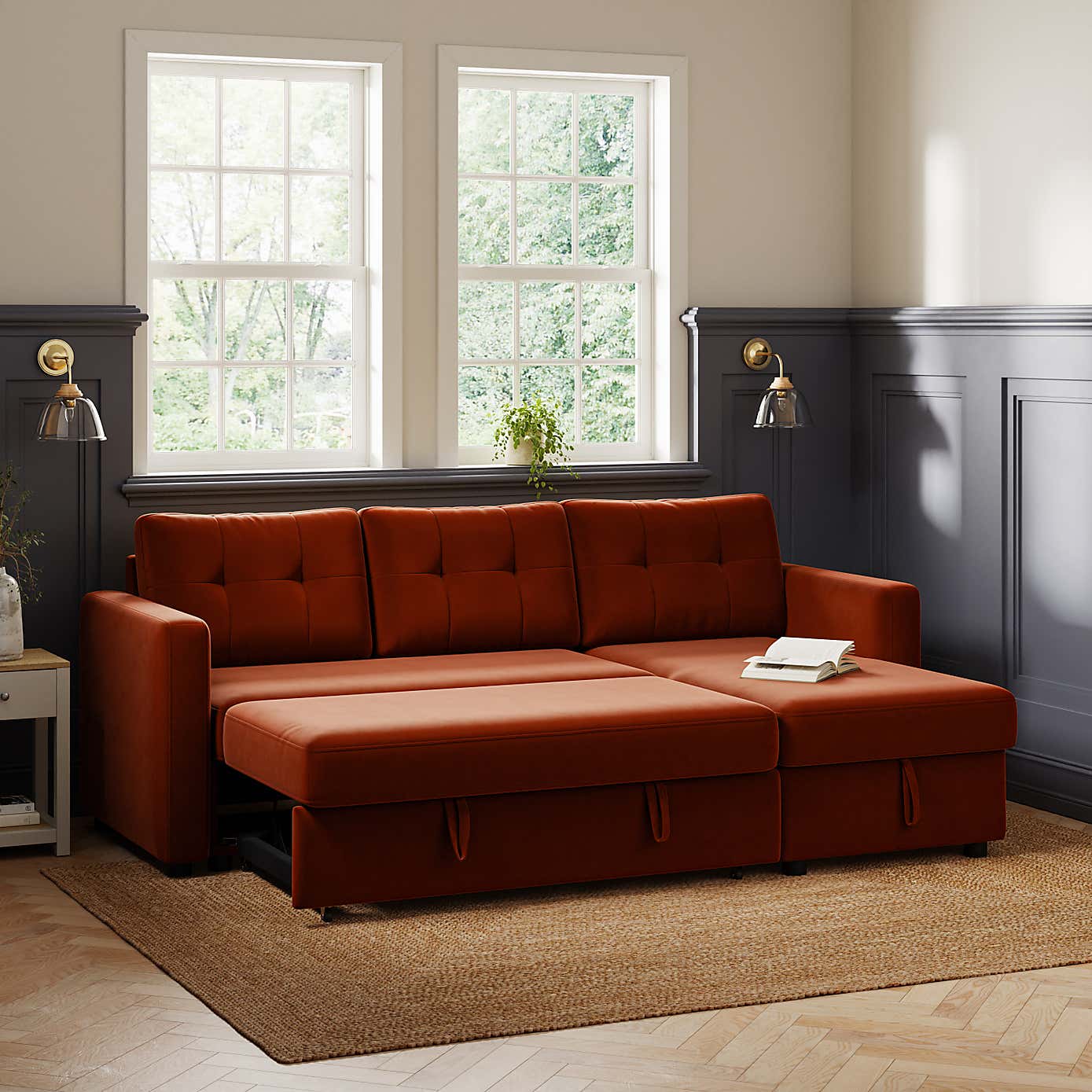 Barker Velvet Trundle Corner Chaise Sofa Bed