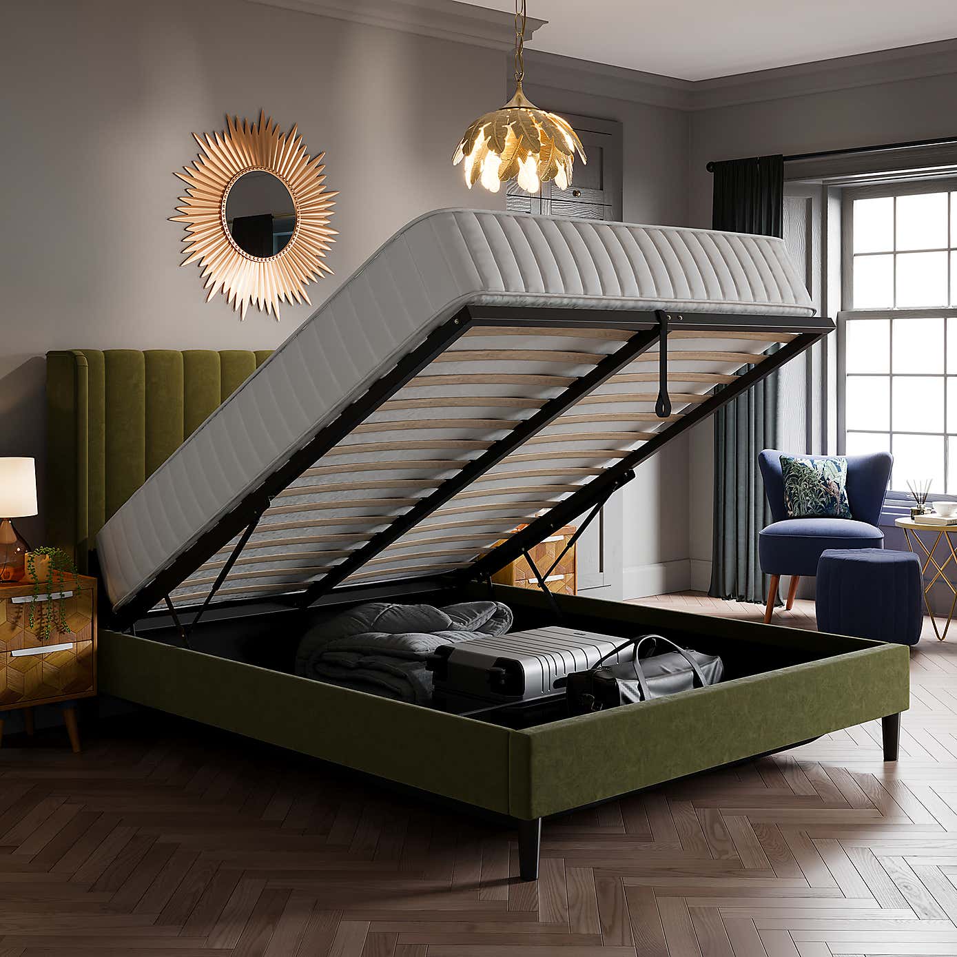 Alara Pleated Velvet Ottoman Bed