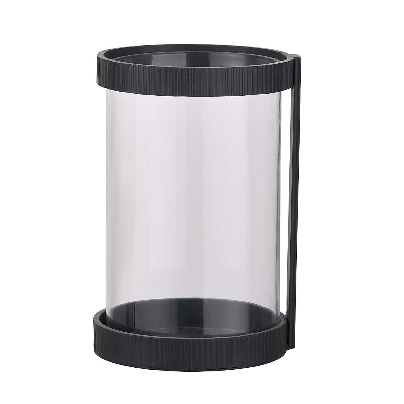 Black Ribbed Metal Glass Cylinder Hurricane Candle Holder