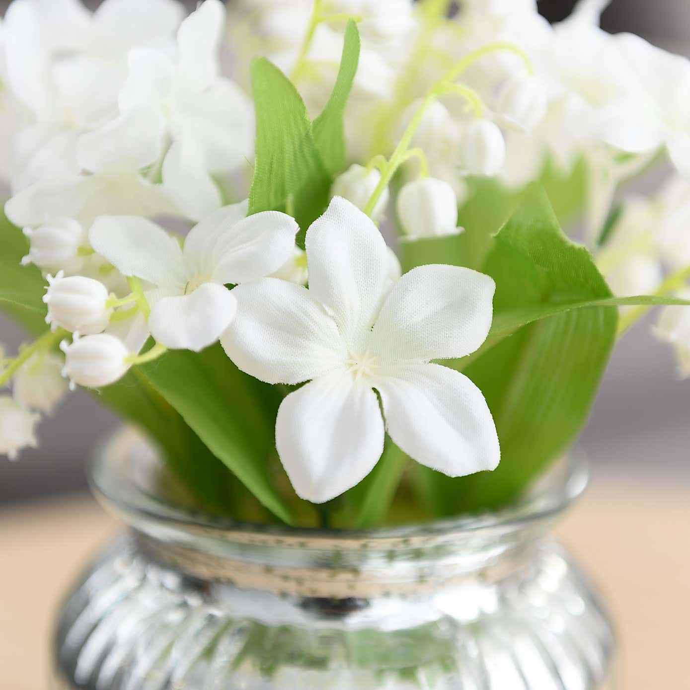 Artificial Lily of the Valley Bouquet in Silver Metallic Vase