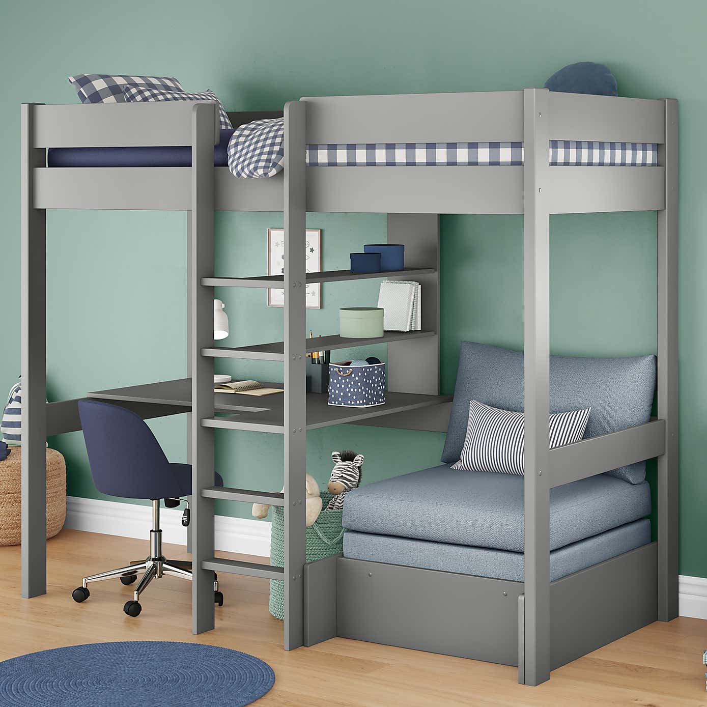 Stompa Uno Highsleeper With Chair Bed And Cushion Set, Pine