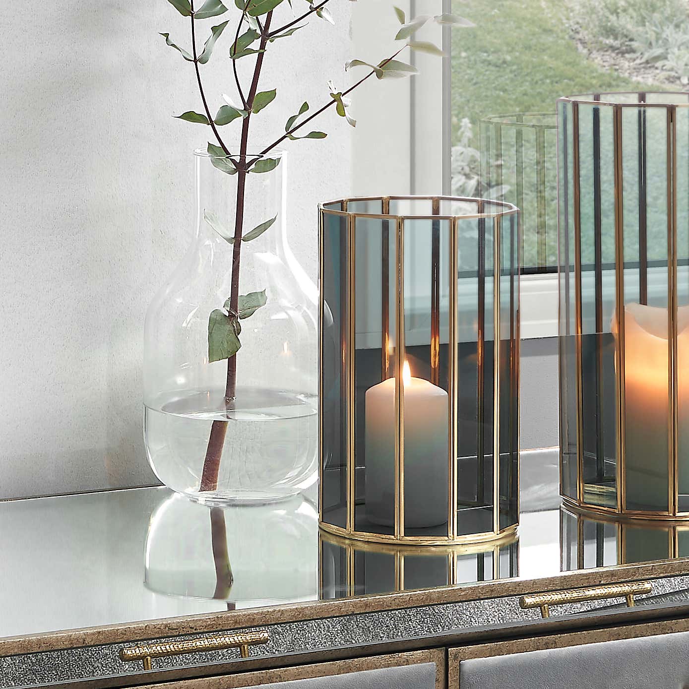 Brass & Smoked Glass Panelled Hurricane Candle Holder