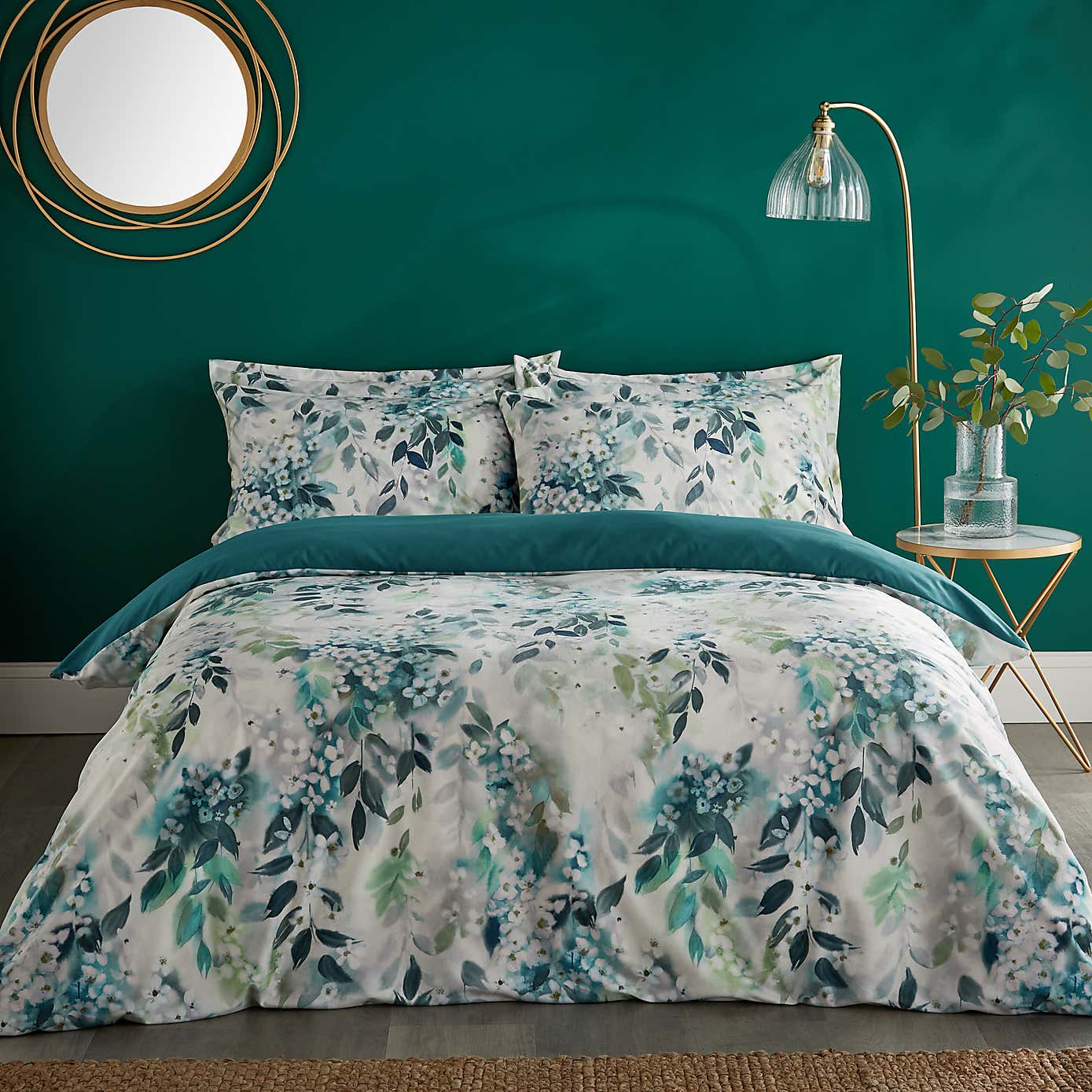 Flo Trailing Leaf Teal Duvet Cover and Pillowcase Set