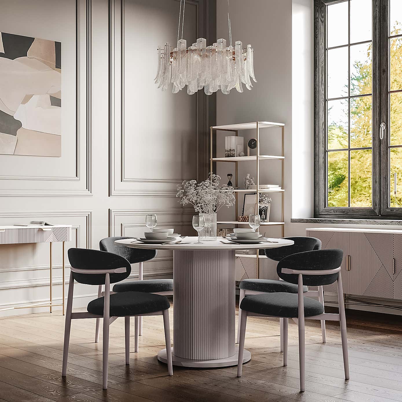 Indus Valley Cleo Round 4 Seater Dining Table with 4 Cleo Dining Chairs