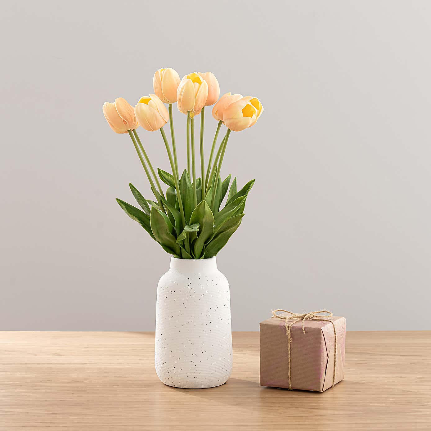 Tulip Arrangement in Textured Ceramic Vase with Pear & Gardinia Candle