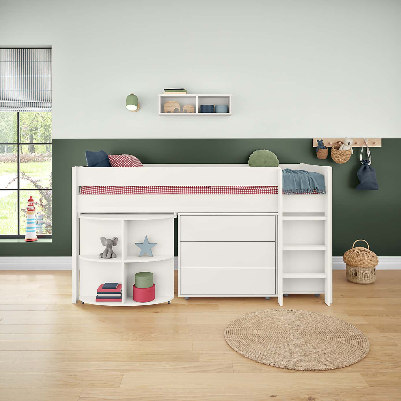 Stompa Uno Midsleeper With Pull Out Desk, Chest of Drawers and Cube Unit, Pine