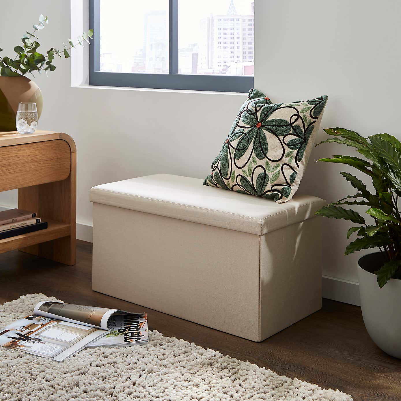 Faux Linen Rectangular Ottoman