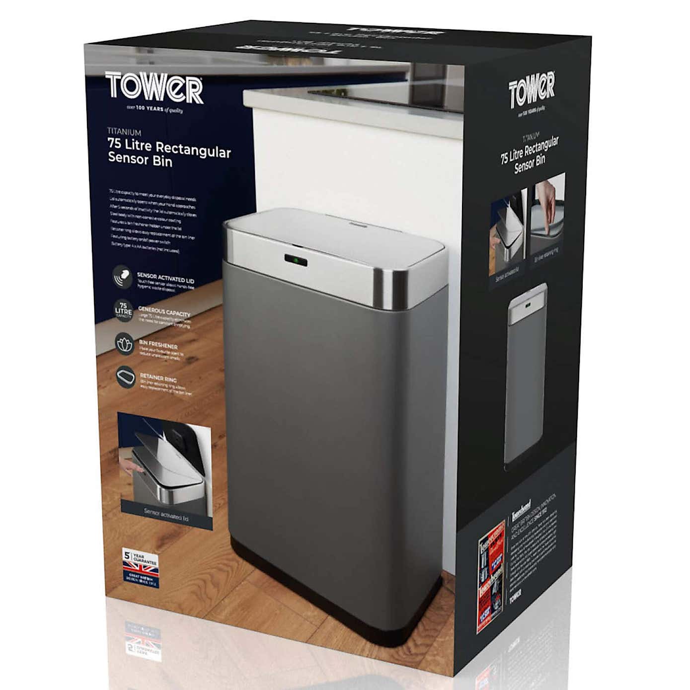 Tower 75 Litre Silver Rectangular Sensor Bin