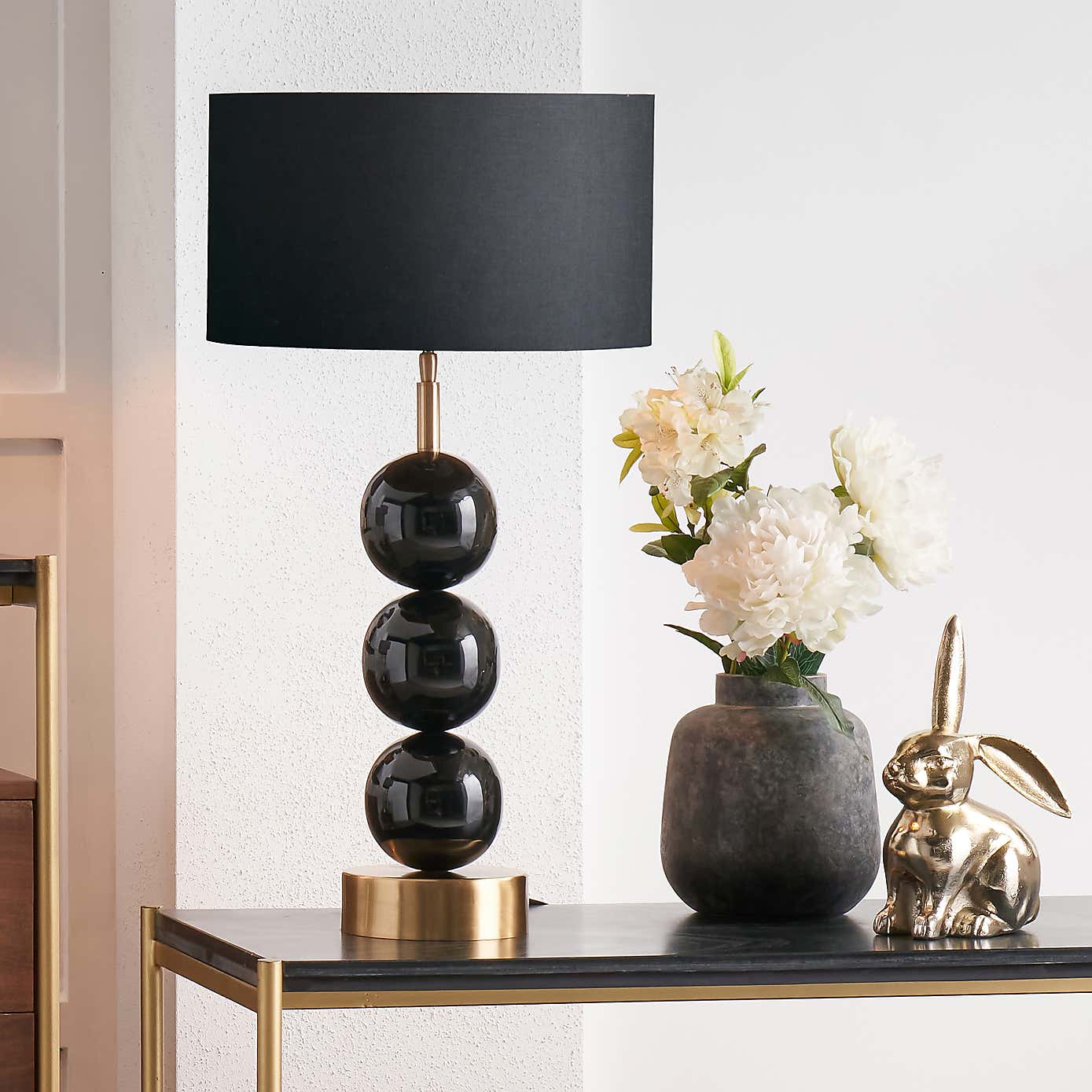 Sofia Black and Gold Enamel 3 Ball Table Lamp with 35cm Harry Cylinder Drum Shade