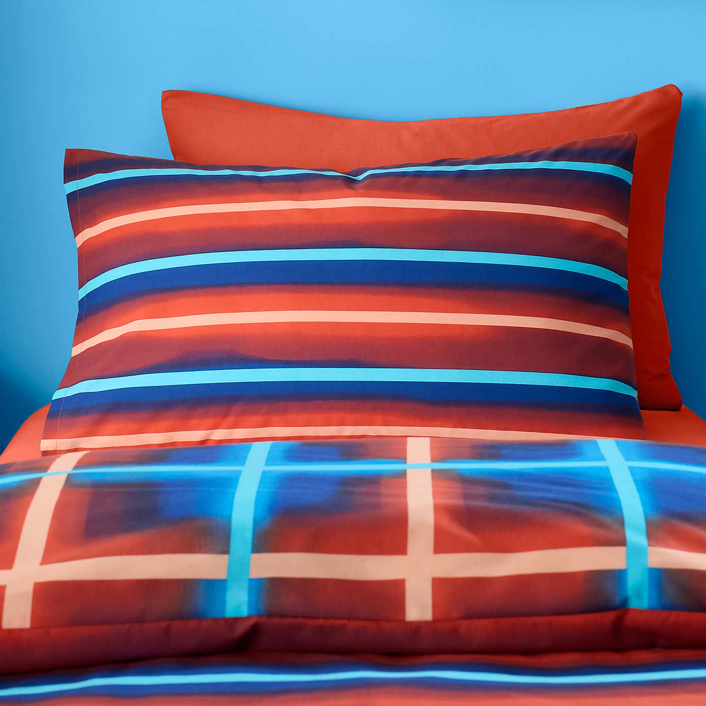 Red & Blue Neon Checks Reversible Duvet Cover and Pillowcase Set